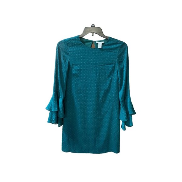 H and M Womens Size 4 Green Dress Double Bell Sleeve Textured Dots Knee Length - Picture 1 of 5